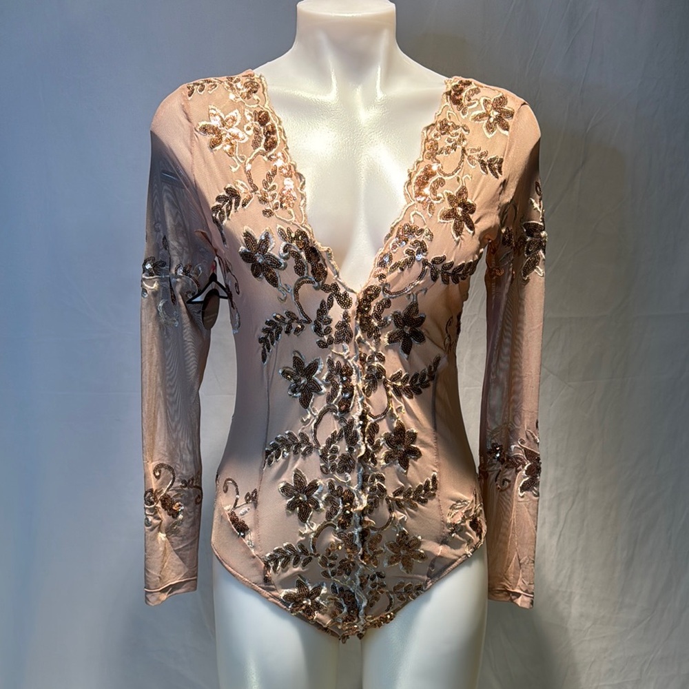 🆕 Tan Long Sleeve Embellished Fitted Bodysuit